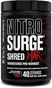 Usine Jacked Nitrosurge Shred Max Preworkout - Poudre de pré-entraînement thermogénique haute performance pour les hommes et les femmes avec L Citrulline, acétyl L Carnitine, caféine biologique - 40 portions, bombe à cerise