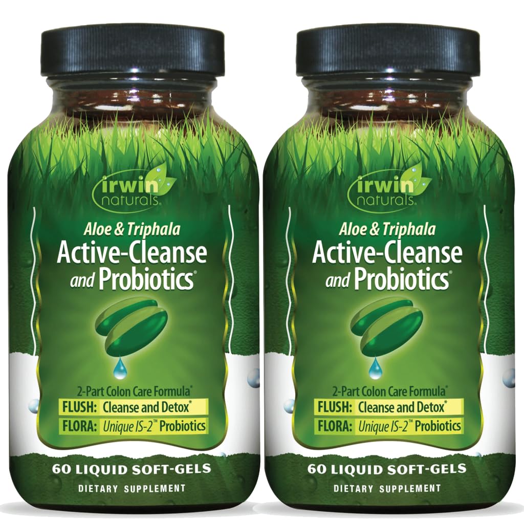 Irwin Naturals Aloe & Triphala Active Cleanse + Probiotics - Natural Digestive Support - Gentle, Effective Detox + Elimination 2-Part Colon Care - Nourish + Balance - 60 Liquid Softgels (2 Pack)