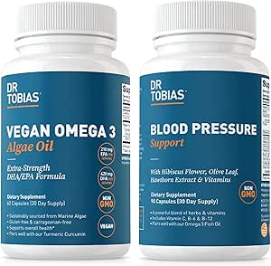 Dr Tobias Vegan Omega 3 Supplément de soutien à l'huile d'algues et à la pression artérielle, soutient la santé circulatoire normale, la fonction immunitaire Gut et le bien-être général, non-OGM