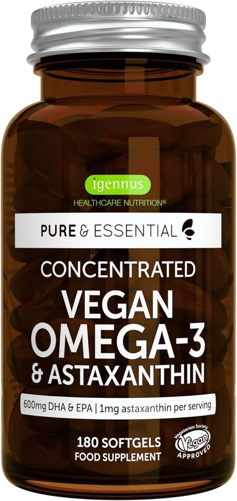 Igennus Vegan Omega-3 Triglycéride naturel Huile d'algues, supplément acide gras DHA & EPA, 180 petits softgels avec astaxanthine, facile à avaler, pur et durable, 90 portions