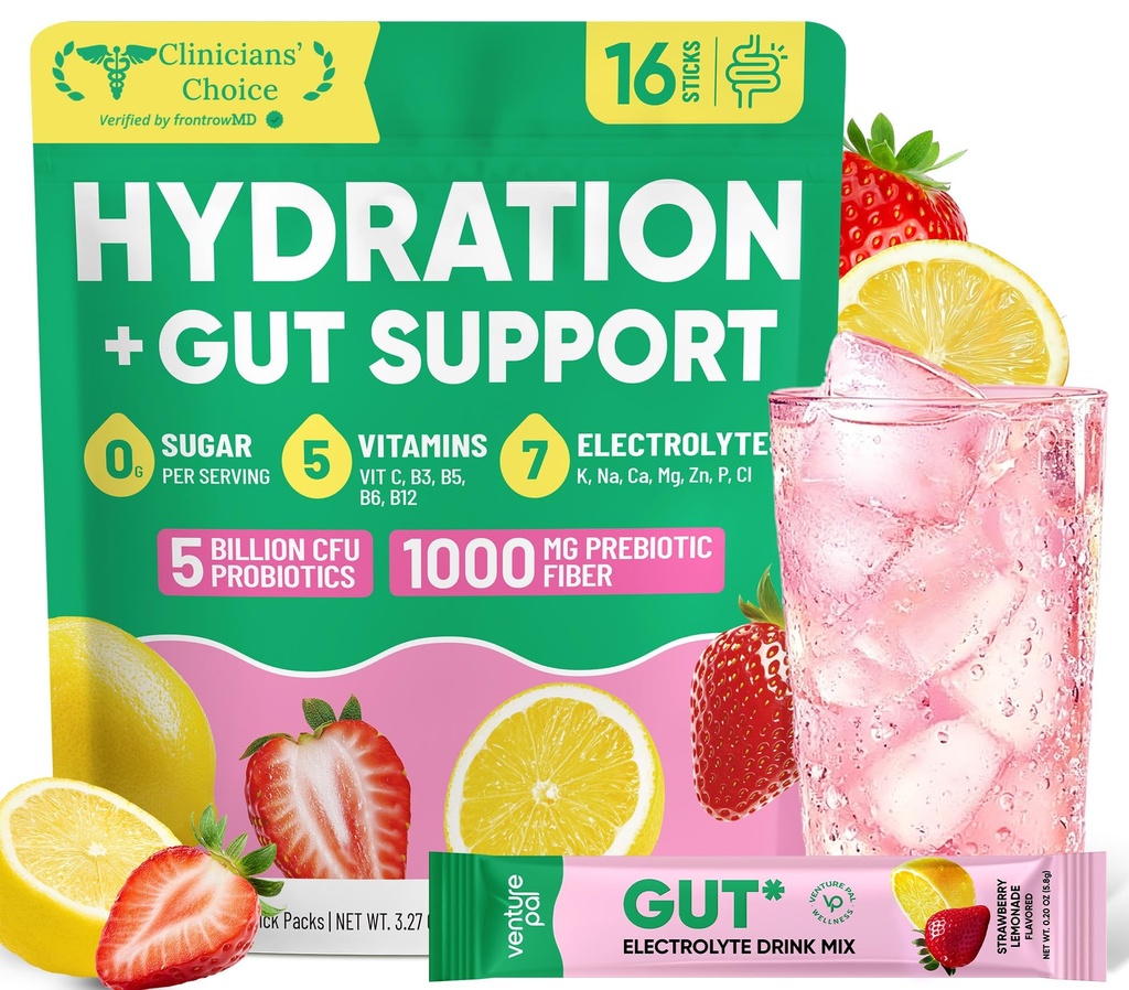 Venture Pal 2-in-1 Hydration Packets + Gut Health Electrolytes Powder - 7 Electrolytes & 5 Vitamins, Probiotics - Sugar Free Liquid Daily IV Drink Mix for Dehydration Relief | Non-GMO | 16 Sticks