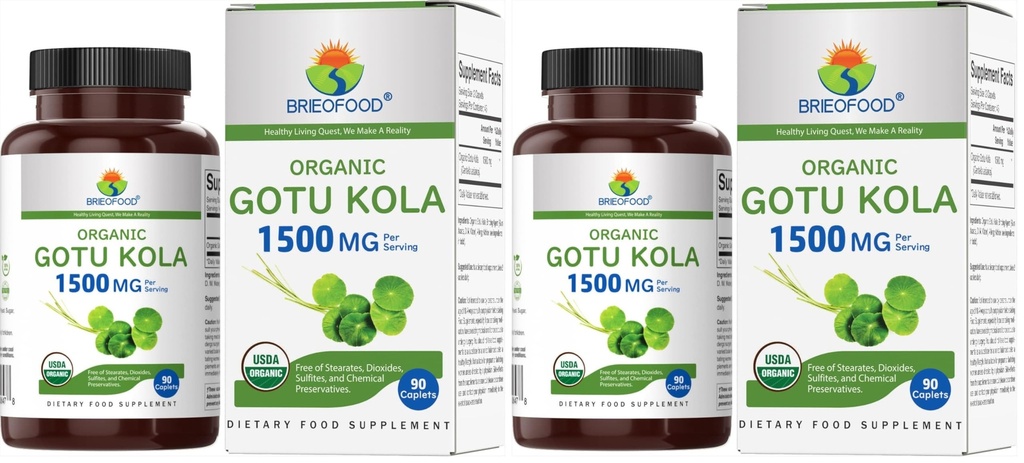 Brieofood Organic Gotu Kola 1500mg, 45 Servings, Vegetarian, Gluten Free, 90 Vegetarian Tablets (Pack of 2)
