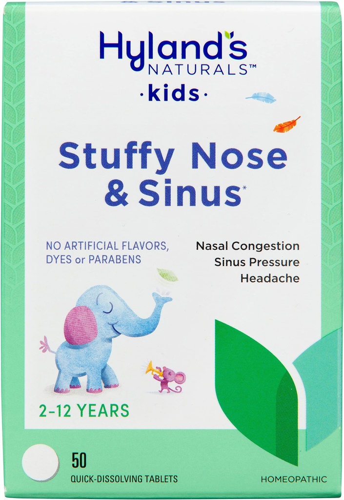 Hyland's Kids Comprimés de nez et de sinus farcis, Médecine froide pour les enfants de 2 ans et plus, Relief des maux de tête et désinfectants nasaux, Comprimés à dissolution rapide, 50 comtes