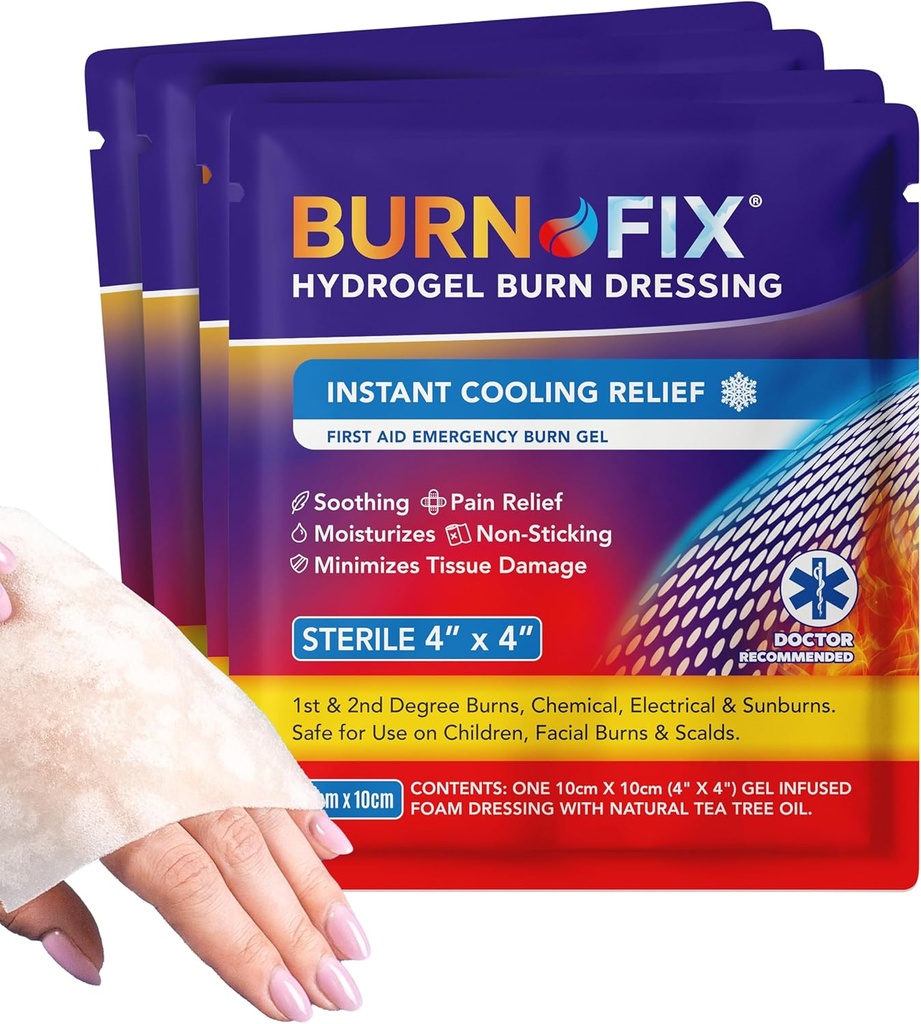 BurnFix® - Dégustation en Gel 4 x 4" Crème de soins de brûlure Traitement de premiers soins. Soulagement immédiat de la douleur Hydrogel Burn Habillage pour les brûlures au 1er, 2e degré, Razor et Sunburns pour la maison, le travail, le feu, EMS