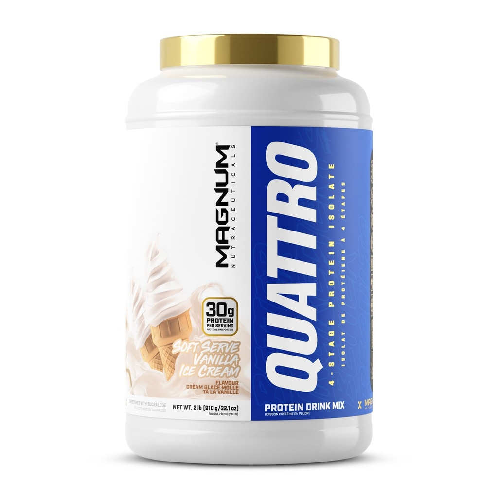 Magnum Quattro Whey Protein Powder | 30g Protein | 4-Isolate Blend — Whey Isolate, Hydrolyzed Whey, Micellar Casein, Milk Isolate | Low Carb, Low Fat, Gluten Free | 2LB (Soft Serve Vanilla Ice Cream)