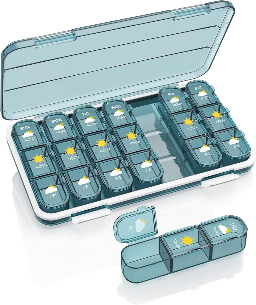Organisateur de pilules 3 fois par jour, boîte à pilules de 7 jours - Acedada Conteneur hebdomadaire de pilules, grand distributeur de médicaments vitamines Case Supplement Organisateur, bleu