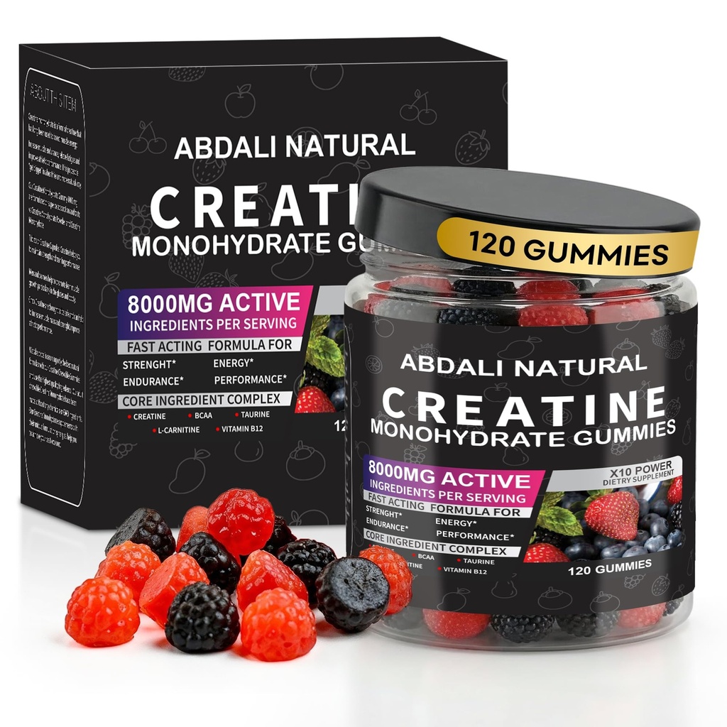 Creatine Gummies 8000mg Complex for Men & Women – Pre Workout Creatine with L-Taurine & BCAA 2:1, Muscle Growth, Strength & Energy Support, Multi-Flavor Chewable Gummies, 120 Count