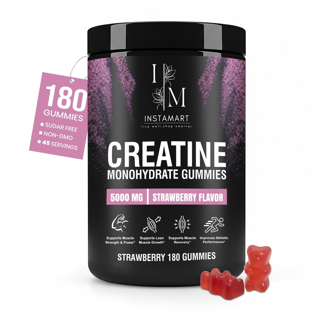 INSTAMART Creatine Monohydrate Gummies, NSF Certified, 5g Dose for Men & Women to Support Muscle, Strength, Recovery, Focus, Cognitive Health & Memory, Strawberry Flavor, 180 Gummies