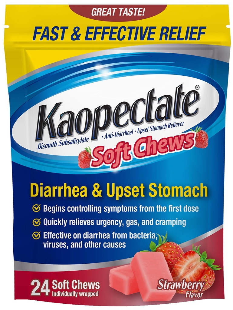 Kaopectate Diarrhea Medication for Adults, 24 Count, Anti Diarrhea Medicine with Bismuth Subsalicylate, Stomach Relief, Vacation Essentials, Cruise Essentials, Strawberry Soft Chews