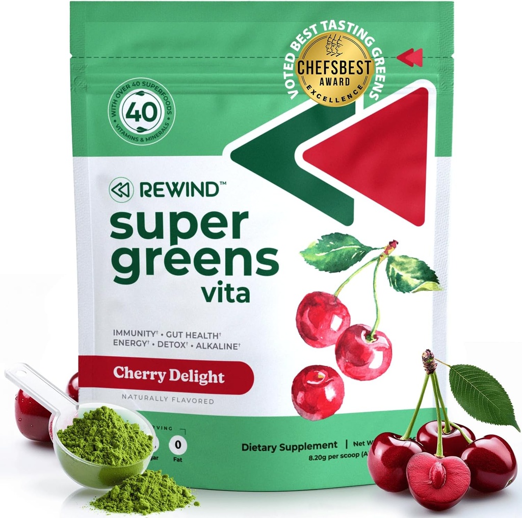 Meilleures Dégustation de poudre Super Greens avec 40+ Superfoods – Delicious Daily Green Poudre avec Vitamine B12, Zinc, Vitamine C, Magnésium et Calcium – Mélange de jus vert Superfood - Saveur de cerise