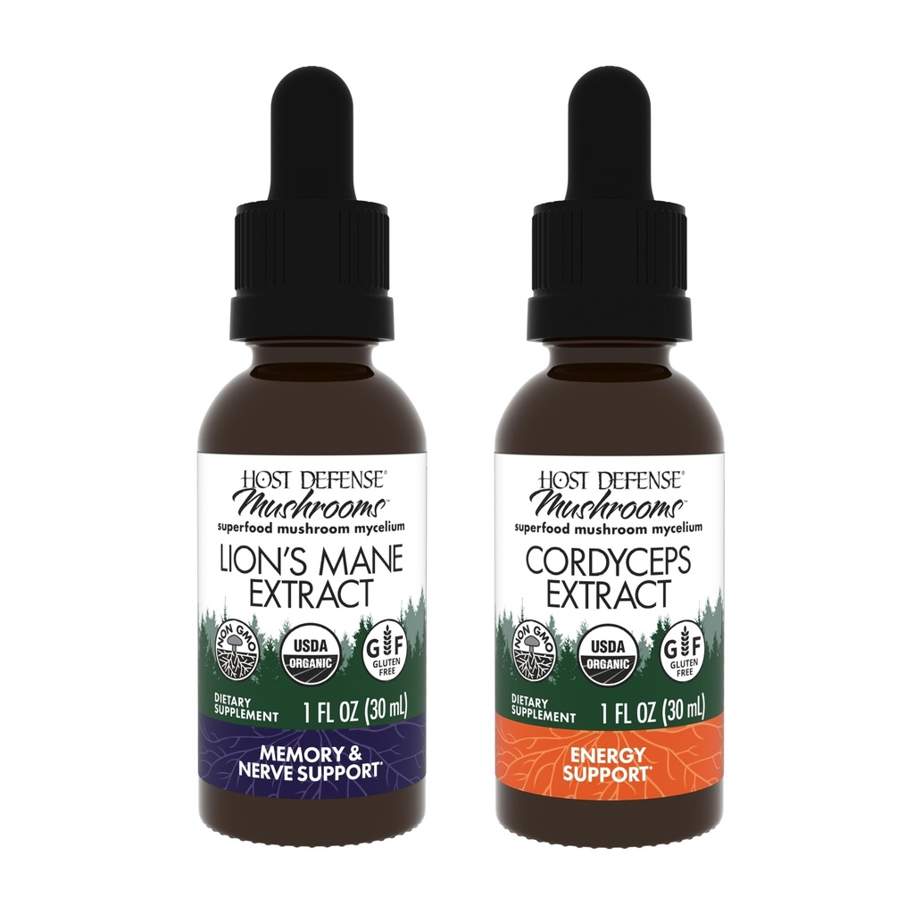 Host Defense Bundle with Lion's Mane Extract, 1 fl oz & Cordyceps Extract, 1 fl oz - Soutien Cerveau Santé, Mémoire & Focus - Supplément de Support Immune & Energie*