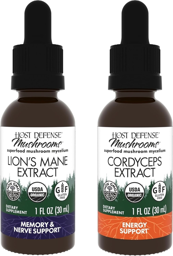 Host Defense Bundle with Lion's Mane Extract, 1 fl oz & Cordyceps Extract, 1 fl oz - Soutien Cerveau Santé, Mémoire & Focus - Supplément de Support Immune & Energie*