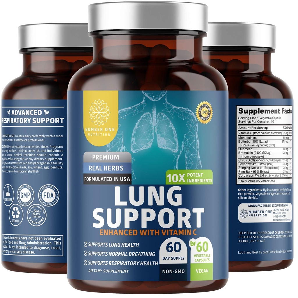 Number One Nutrition N1N Premium Lung Support Supplement [10 Potent Ingredients] Natural Lung Cleanse with Quercetin, Bromelain and Vitamin C to Help Support Respiratory Health, 60 Veg Caps