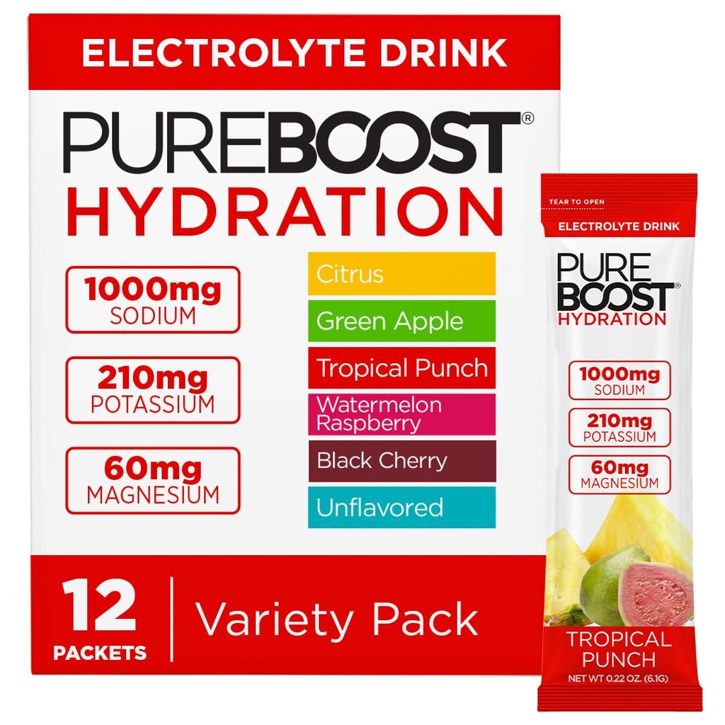 Pureboost Sugar Free Electrolyte Hydration Powder Packets Variety Pack – 12 Count – Zero Calories – Fast Hydration Drink Mix with 1000mg Sodium, Potassium & Magnesium