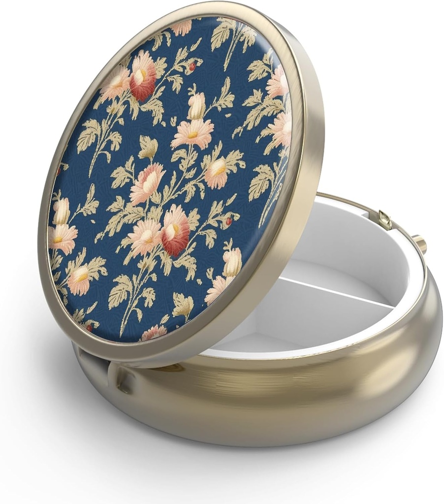 Pill Case Pill Box with Mirror Retro 3 Compartiment Petite Pill Case for Purse or Pocket Bronze Petite Pill Box or Vitamines, Huile de poisson, Suppléments, Pill Containe Travel Gifts( Floral de rose rétro)