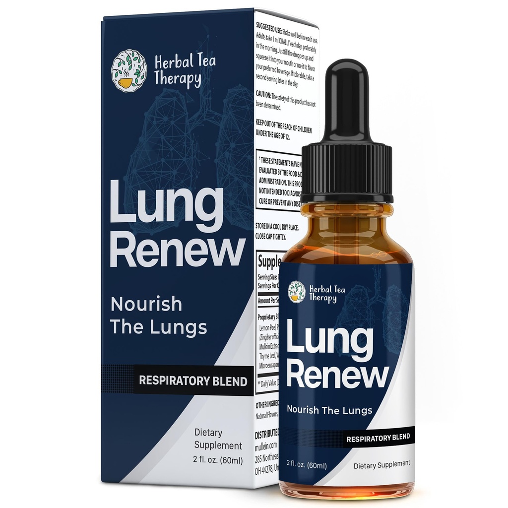 Herbal Tea Therapy Lung Renew Mullein Drops for Lungs (2 fl. oz.): Peppermint, Thyme, & Mullein Leaf Extract for Lungs Detox & Daily Respiratory Comfort - Allergy Relief - GMO-Free & Made in USA