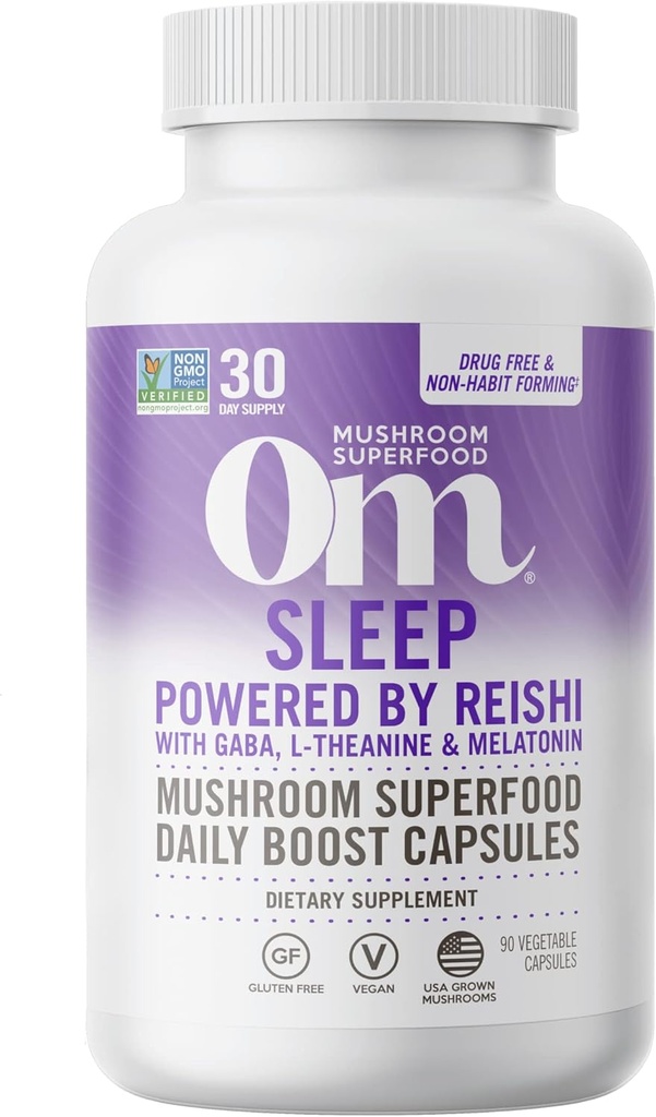 OM Mushroom Superfood Sleep Mushroom Capsules Superfood Supplément, 90 Compte, 30 Jours, Reishi, GABA, L-Theanine, Melatonine pour le repos et la qualité du sommeil Superfood Supplément