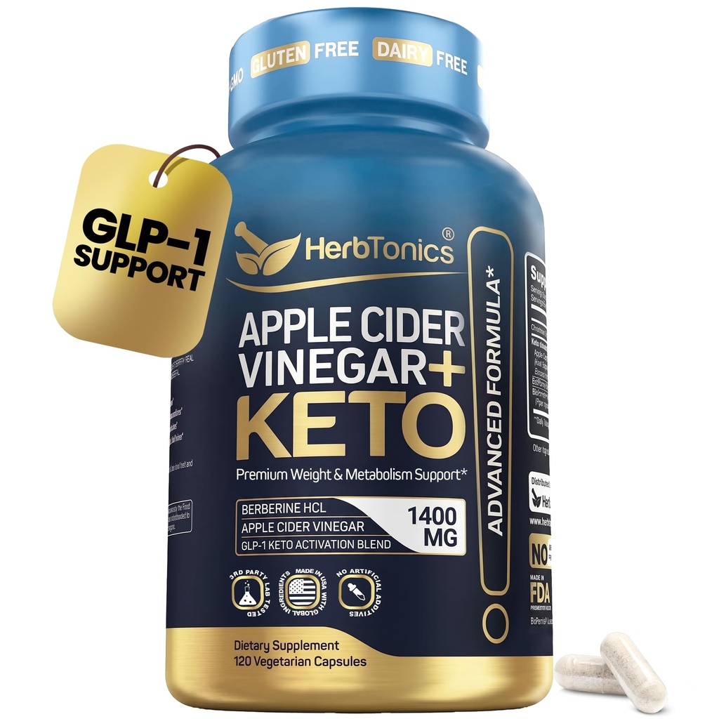 Herbtonics Apple Cider Vinegar + Keto Advanced | GLP-1 Support for Appetite, Cravings & Weight Management | with Berberine, Chromium, MCT & Cinnamon | 120 Vegetarian Capsules, 2 Month Supply