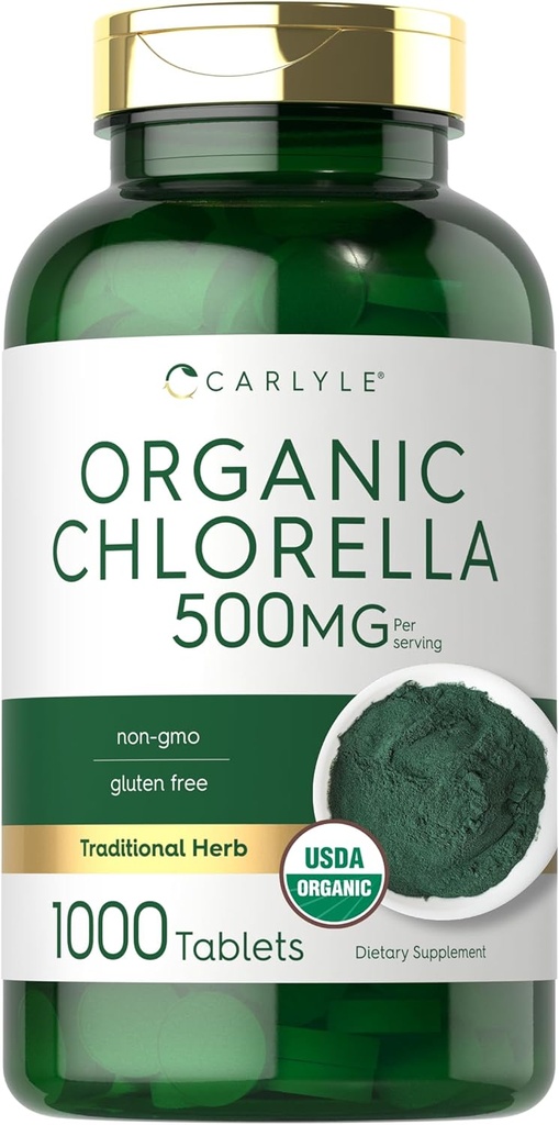 Comprimés de Chlorella de Carlyle organiques 500 mg, 1000 Nombre, Suppléments végétariens, sans OGM et sans gluten