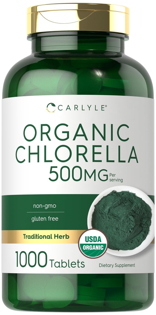 Comprimés de Chlorella de Carlyle organiques 500 mg, 1000 Nombre, Suppléments végétariens, sans OGM et sans gluten