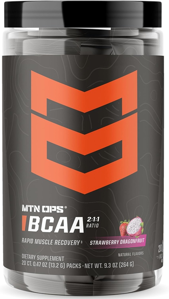 MTN OPS BCAA poudre 2:1:1 Amino Acids supplément poudre pour la récupération rapide des muscles et la réparation avec zéro sucre et sans gluten - 20-servings, fraises Dragonfruit Trail Packs