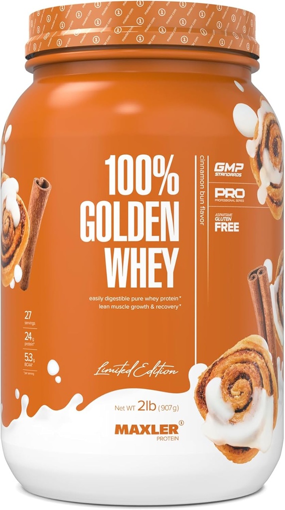 Maxler 100% Golden Whey Protein - 24g de protéines par portion - Premium Whey Protein Poudre pour pré-entraînement - Fast Absorbing Whey Concentrate, Isolate & Hydrolysate Blend - Cinnamon Bun 2 lbs