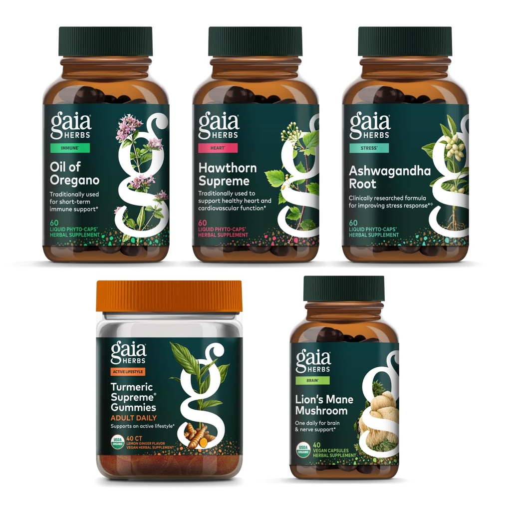 Gaia Herbs Being Well Kit - Oil of Oregano, Turmeric Supreme Adult Daily Gummies, Hawthorn Supreme, Lion's Mane Mushroom, Ashwagandha Root