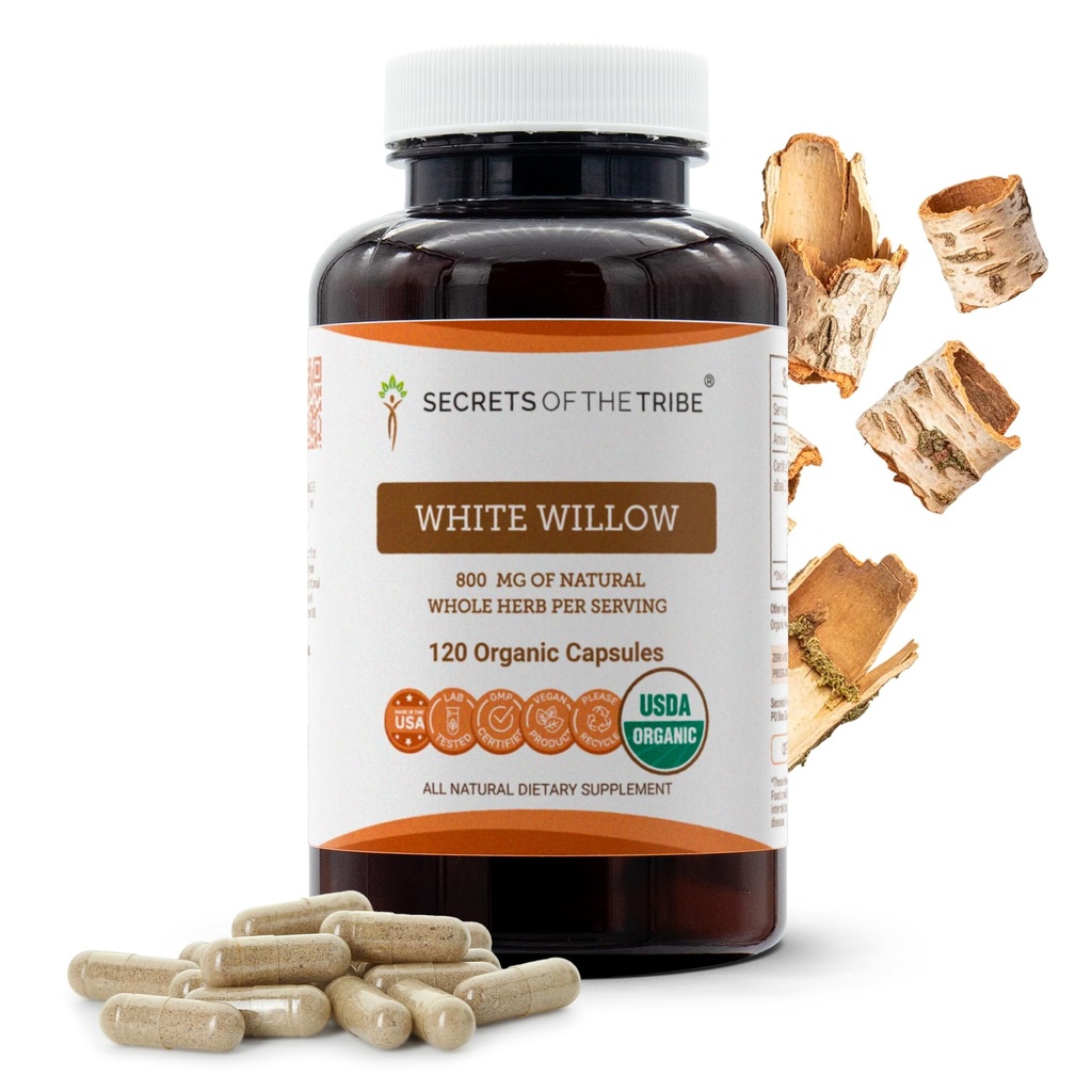 Secrets des capsules de saule blanc de Tribe 800 mg USDA Saule blanc biologique (Salix Alba) Barque séchée (120 capsules)