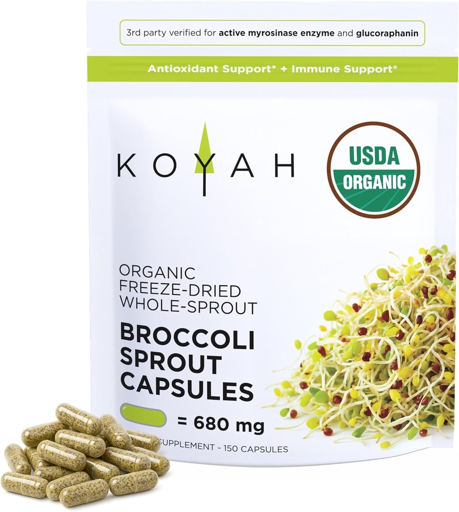 KOYAH Gélules de brocoli biologique – Gélules de brocoli entières séchées au gel – 3e partie testée pour la Myrosinase active et la Glucoraphanine (Sulforaphane Glucosinolate) - 150 capsules