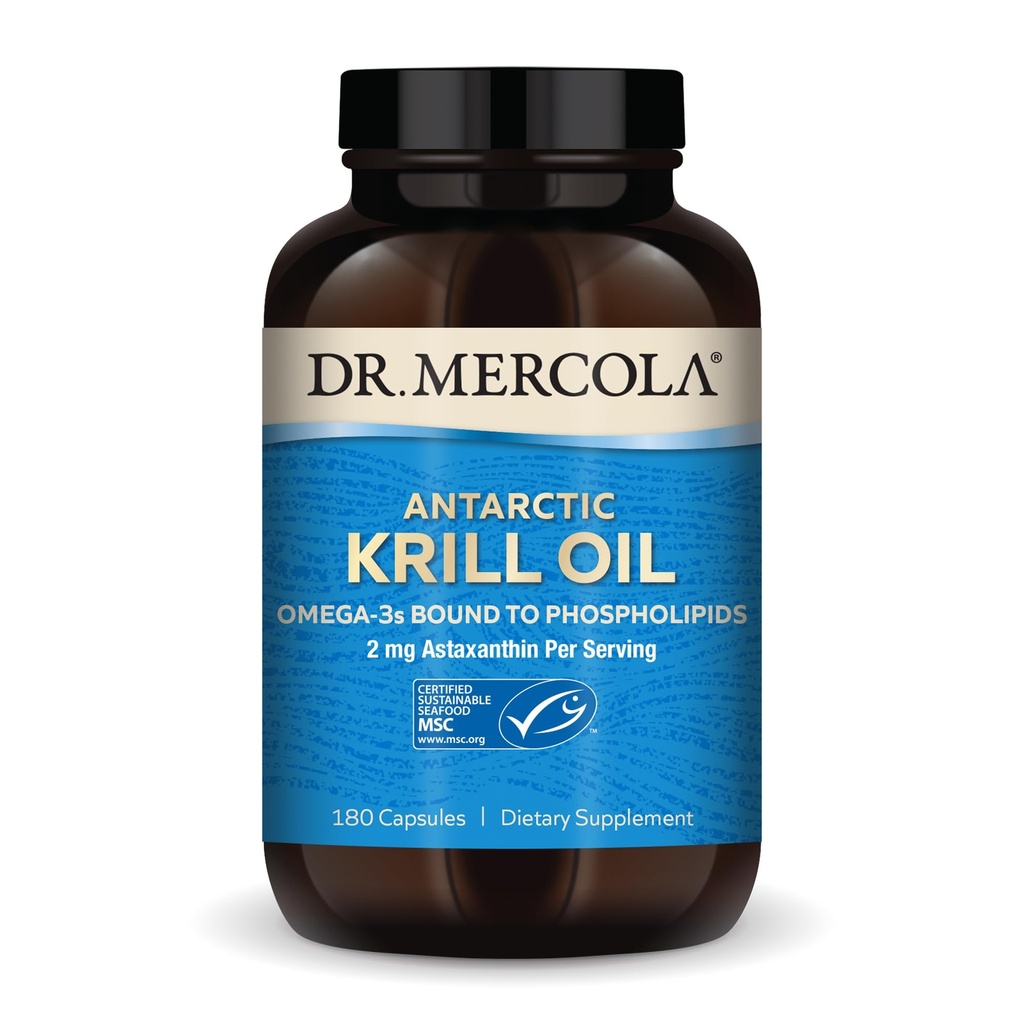 Dr Mercola Antarctic Krill Oil, 1000 mg par portion, supplément Oméga-3 avec EPA, DHA, Phospholipides et Astaxanthine, soutient la santé du coeur, du cerveau et des immunes, non-OGM, sans soja, 180 Capsule (90 portions)
