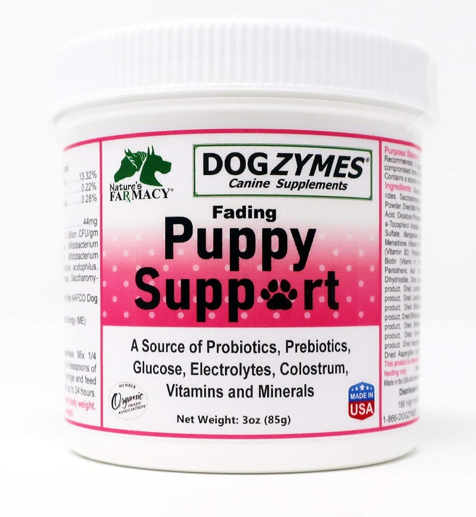 Dogzymes Fading Puppy Support Probiotiques Prébiotiques Enzymes Glucose Electrolytes Vitamines Minéraux Mélanger 1 à 16 avec de l'eau (3 Once)