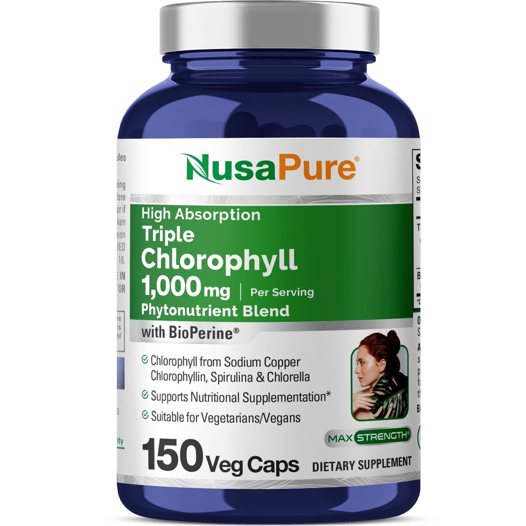 NusaPure Haute Absorption Triple Chlorophylle 1000 mg 150 Caps Vég. Convient aux Végétariens et Végétariens, Non-OGM