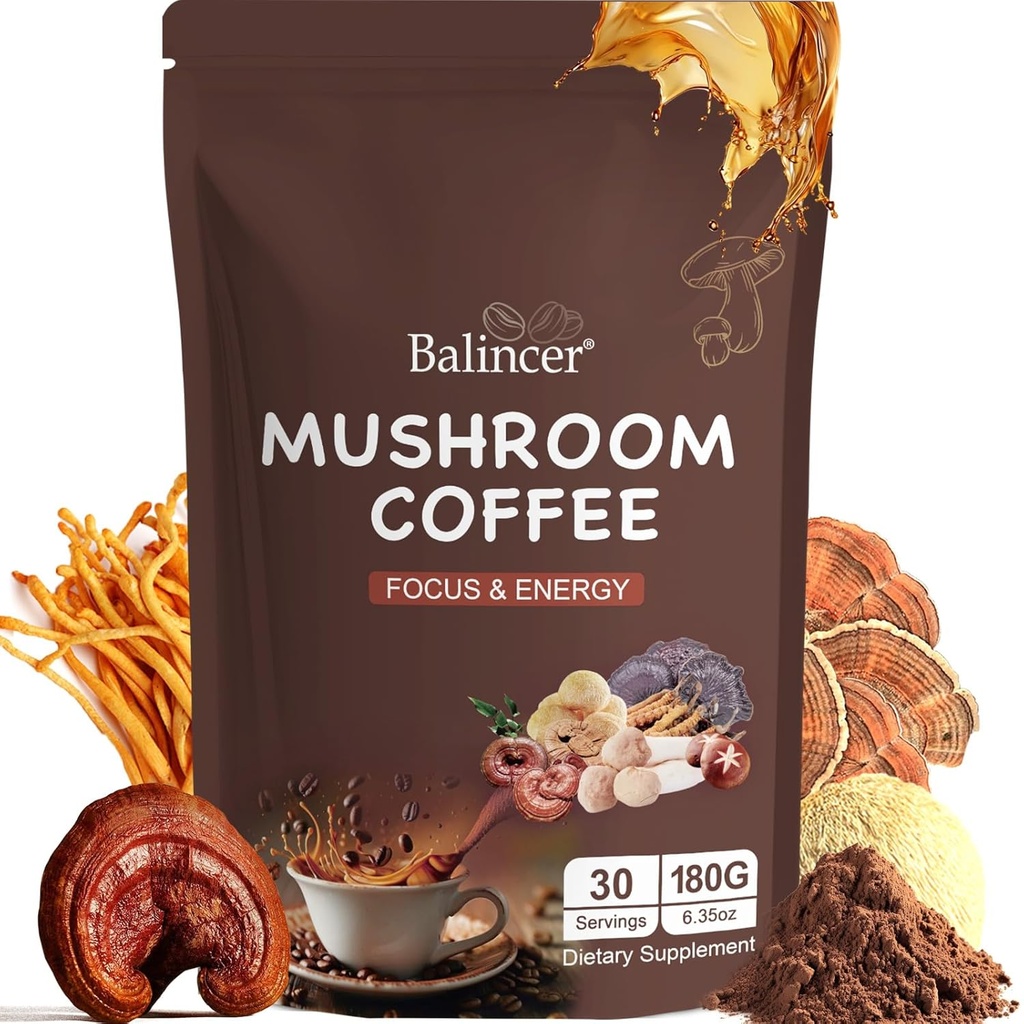 Café de champignons, 6 champignons adaptogènes (Manille de Lion, Cordyceps, Turkey Tail & Other) mélangés avec du café instantané Premium pour Focus, Energy, Immune et Gut Health Support, 30 portions