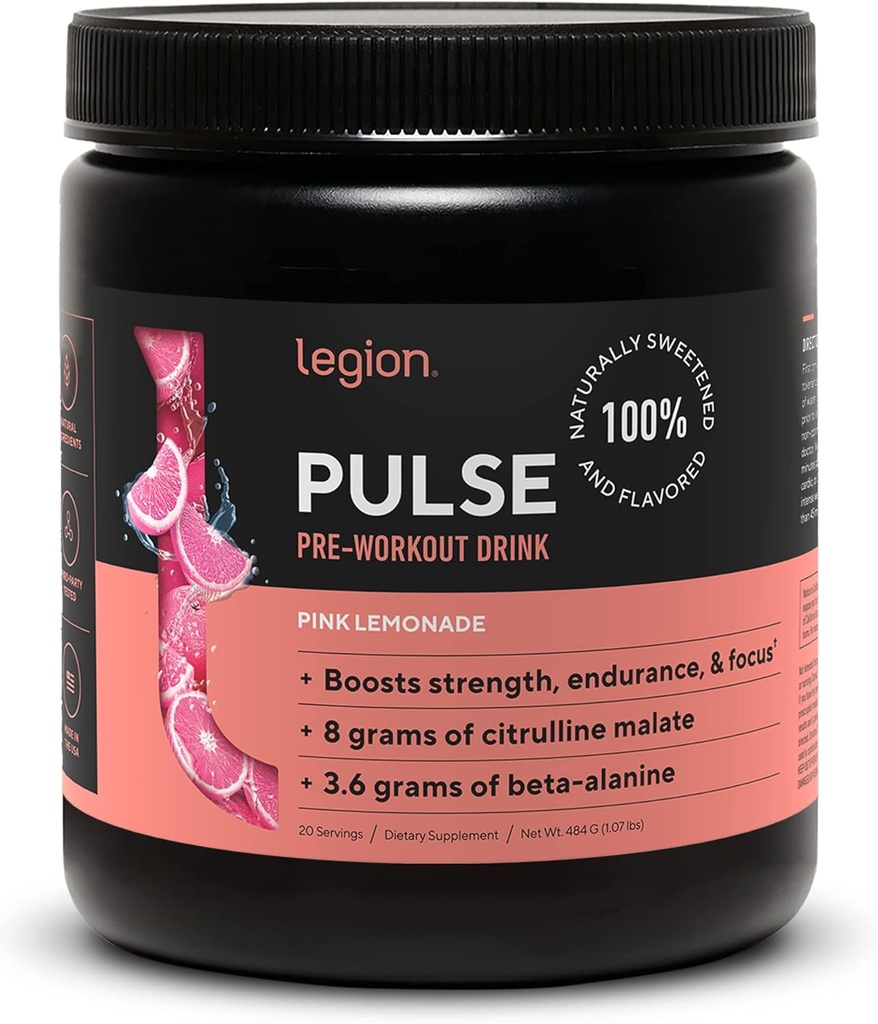 LÉGION Pulse avant l'entraînement - Toutes les boissons naturelles d'oxyde nitrique pour stimuler l'énergie, sans créatine, naturellement sucré, Beta Alanine, Citrulline, Alpha GPC (Pink Lemonade)
