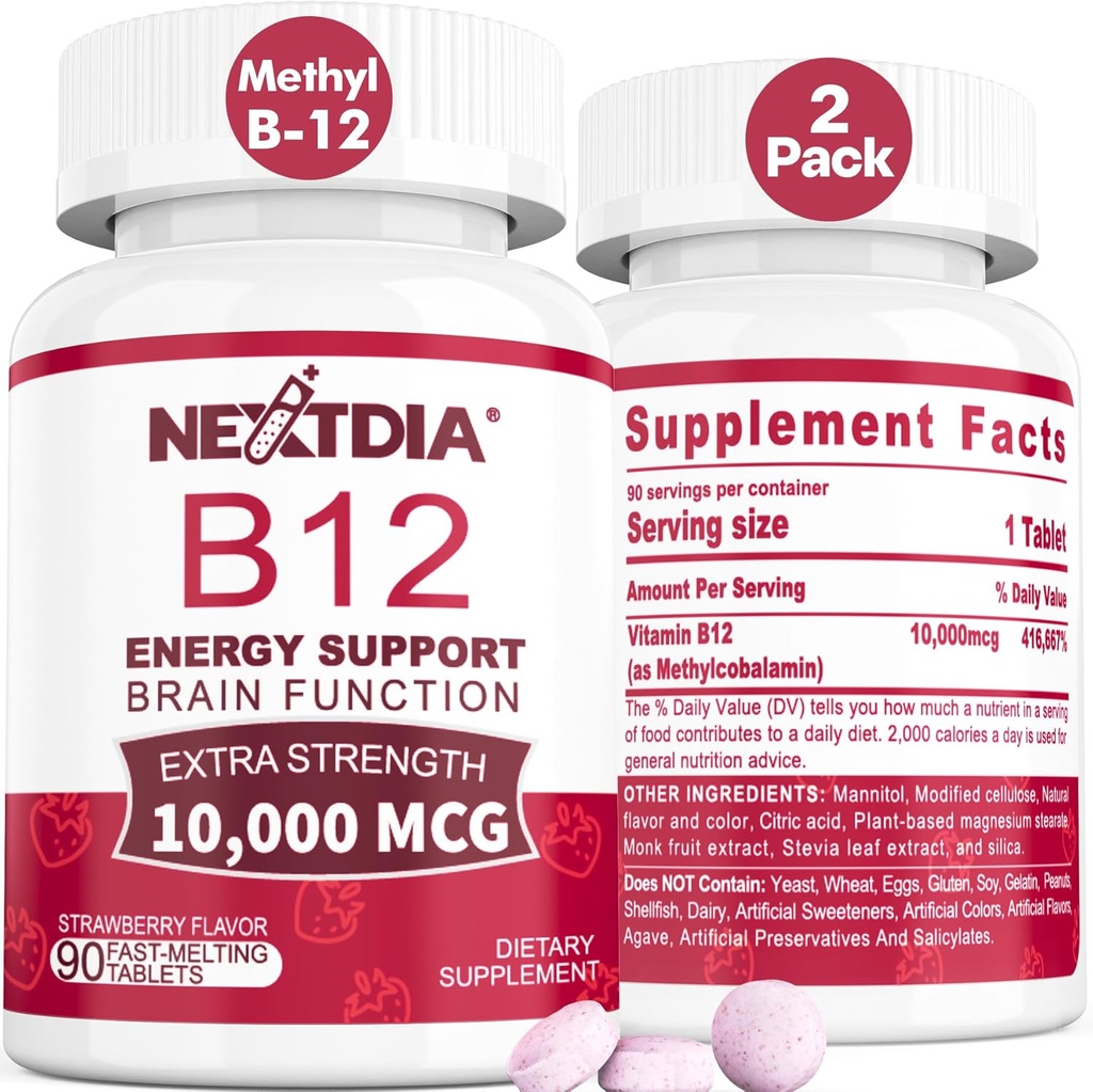 B12 Vitamines 10 000 mcg, Vitamine méthylée B12 Sublingual - Energy Boost, Focus, Métabolisme et soutien à la santé du cerveau, Système immunitaire, Dissolve rapide, Saveur de fraise naturelle, 180 portions