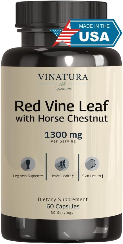 VINATURA Extrait de feuille de vigne rouge - Châtaigne de cheval, 1300mg/serviment *USA fabriqué et testé* Circulation et soutien de la veine pour les jambes saines - aide le flux sanguin, la circulation des jambes - 60 capsules (30 portions)