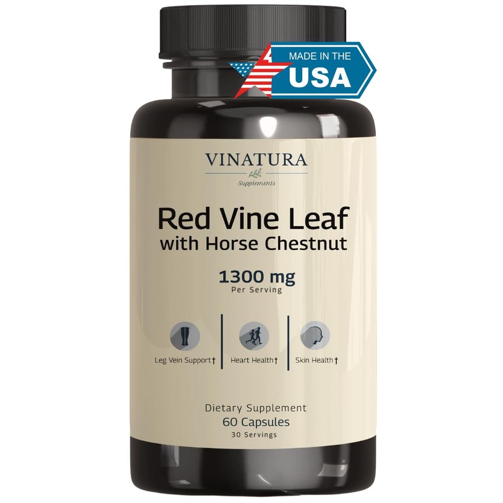 VINATURA Extrait de feuille de vigne rouge - Châtaigne de cheval, 1300mg/serviment *USA fabriqué et testé* Circulation et soutien de la veine pour les jambes saines - aide le flux sanguin, la circulation des jambes - 60 capsules (30 portions)
