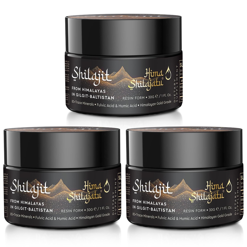 Shilajit Purest Himalayan Organic Shilajit Resin - Or Grade 100% Pureté Shilajit avec Acid Fulvic et 85+ Complexe Trace Minerals pour l'énergie et le soutien immunitaire, paquet de 3 (6 mois d'approvisionnement)