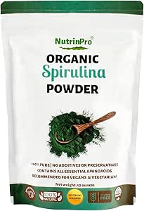 Poudre de spiruline biologique USDA pour jus et mélange smoothy; 100% naturel et sans gluten, avec haute teneur en protéines, vitamines, antioxydants et minéraux (12 onces) (1)