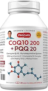 ANDREW LESSMAN Coenzyme Q-10 200 Plus PQQ 20mg - 30 Capsules - maintient les niveaux de CoQ10, l'énergie cellulaire optimale, soutient la production d'énergie, le coeur, le cerveau, le foie, le rein, le pancréas. Aucun additif