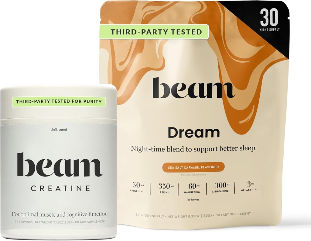 Beam Dream Sleep Powder & Creatine Bundle, troisième partie testé aide au sommeil naturel et supplément de récupération avec micronize créatine monohydraté, poudre de créatine pure non aromatisée pour la force musculaire, énergie