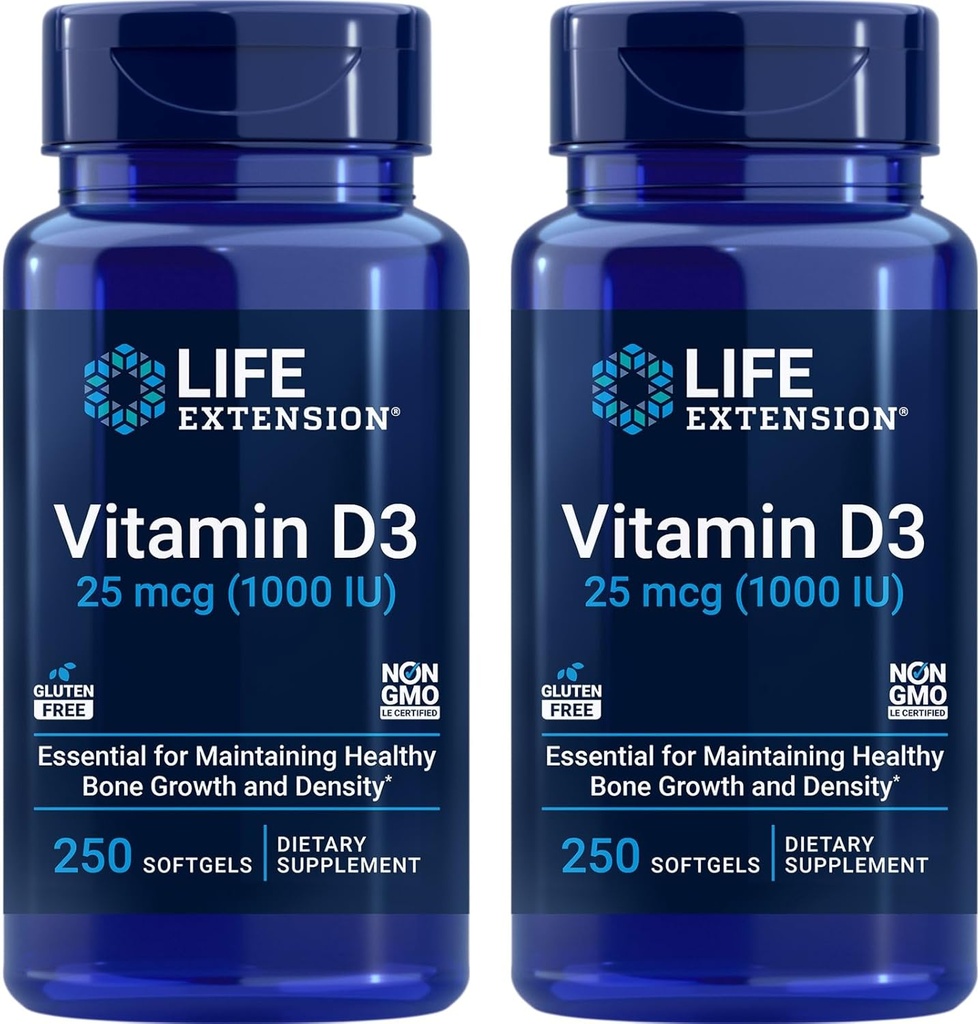Extension de vie Vitamine D3 25 mcg (1000 UI), système immunitaire, santé des os, santé du corps entier, taille de la valeur, sans gluten, non-OGM – deux paquets - 2 x 250 Softgels