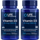 Extension de vie Vitamine D3 25 mcg (1000 UI), système immunitaire, santé des os, santé du corps entier, taille de la valeur, sans gluten, non-OGM – deux paquets - 2 x 250 Softgels