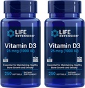 Extension de vie Vitamine D3 25 mcg (1000 UI), système immunitaire, santé des os, santé du corps entier, taille de la valeur, sans gluten, non-OGM – deux paquets - 2 x 250 Softgels