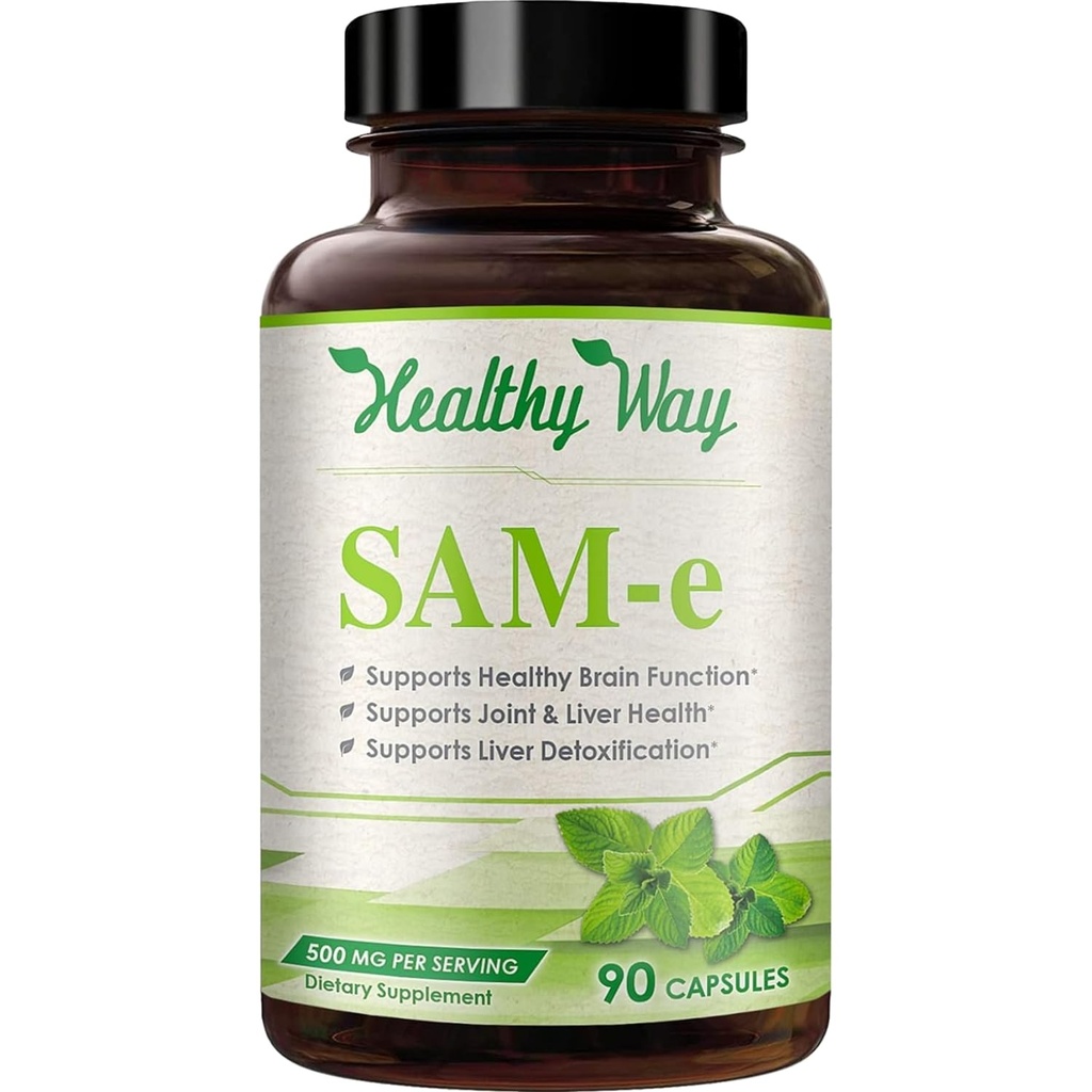Healthy Way 500mg Supplément SAM-e - Capsules S-Adenosyl-L-Méthionine à haute concentration de 500mg pour le foie et l'humeur articulaires - Absorption élevée non-OGM Même supplément (90 portions)