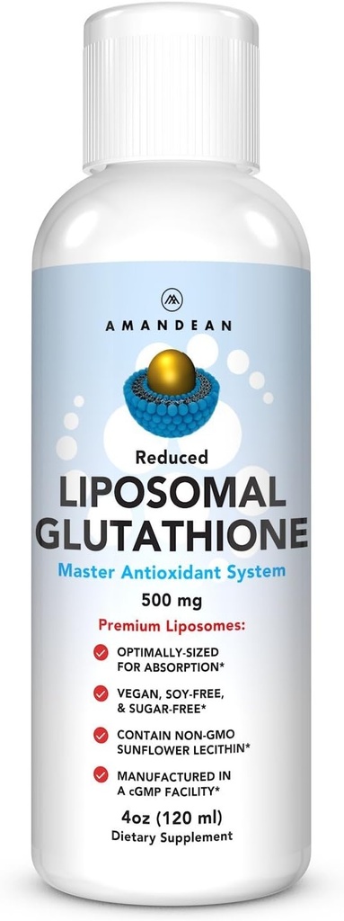 Supplément de glutathion liposomique AMANDEAN. Liquid Reduced Setria 500mg. Soutien immunitaire, Santé du cerveau, Détox hépatique, Santé de la peau. Phosphatidylcholine de Lécithine de tournesol non OGM. Sans soja et végétalien.