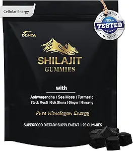 Gummies Shilajit avec Ashwagandha, Turmeric - Organique, Zéro Sucre & Amies Vegan Himalayan Shilajit pour les hommes et les femmes - Énergie, Calme, Cortisol, Sommeil, Soutien immunitaire et Santé globale