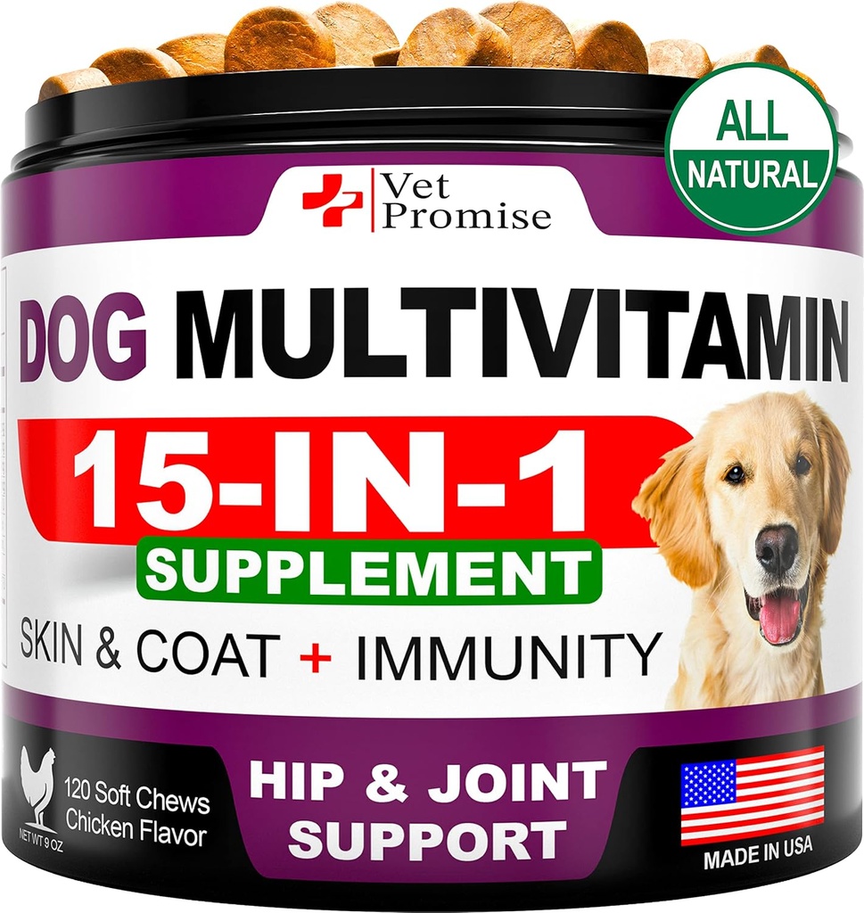 Multivitamine de chien à croquer avec de la glucosamine - Vitamines et suppléments de chien - Multivitamine de chien et de chiot pour chiens - Soutien conjoint animal Santé - Immunité - Mobilité - Énergie - Gut - Peau - 120 Chews