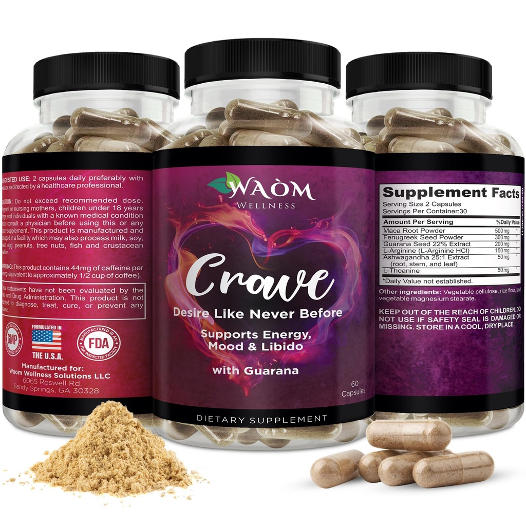 Crave – Féminins Desire Booster avec Maca, Ashwagandha & L-Theanine – Énergie naturelle, Mood & Hormone Balance Support – 60 Capsules Vegan