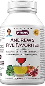 ANDREW LESSMAN Andrew's Five Favorites 500 Capsules - Fournit 200mg chacune de Coenzyme Q-10, Resvératrol, EGCG, grenade et acide alpha lipoïque, puissant anti-oxydant, aucun additif